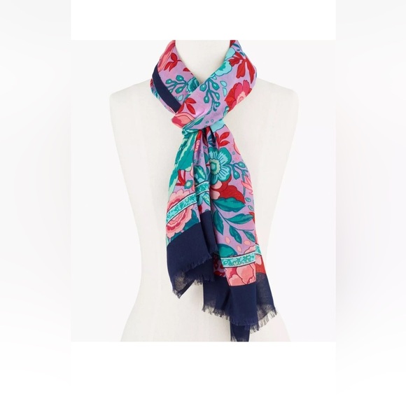 Talbots Teal and Navy Lavender Pink Red  Sketch Blooms Scarf Oblong - Picture 1 of 6